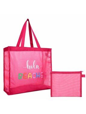 Pink Foldable Mesh Beach Tote Bag 30L Sand Proof with Pouch & Pockets NWT